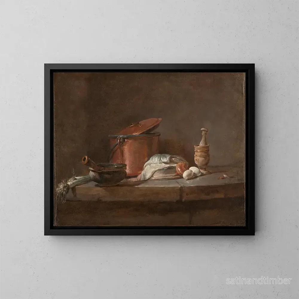 Reproduktion av målningen Köksredskap med purjolök, fisk och ägg - Jean Siméon Chardin