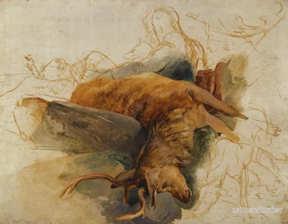 Reproduktion av målningen En död hjort med skissartade figurer av en jägare och hundar - Sir Edwin Henry Landseer - Bild 2