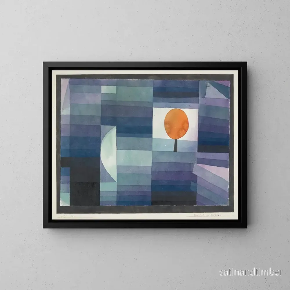 Reproduktion av målningen L'Förkunnare av höstfärger i grönt och lila med orange accent - Paul Klee