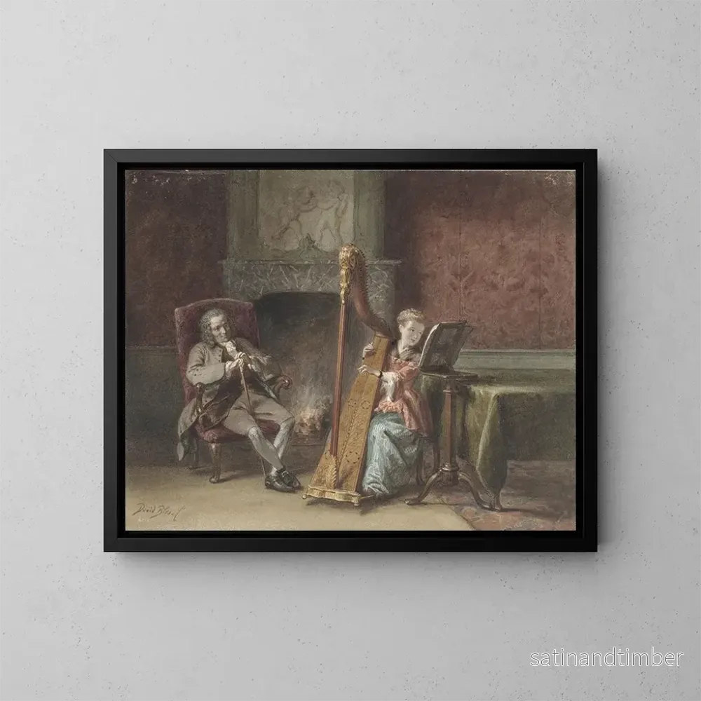 Reproduktion av målningen inomhus med en ung flicka som spelar harpa och en sittande man som tittar – David Bles Reproduktion av målningen inomhus med en ung flicka som spelar harpa och en sittande man som tittar – David Bles
