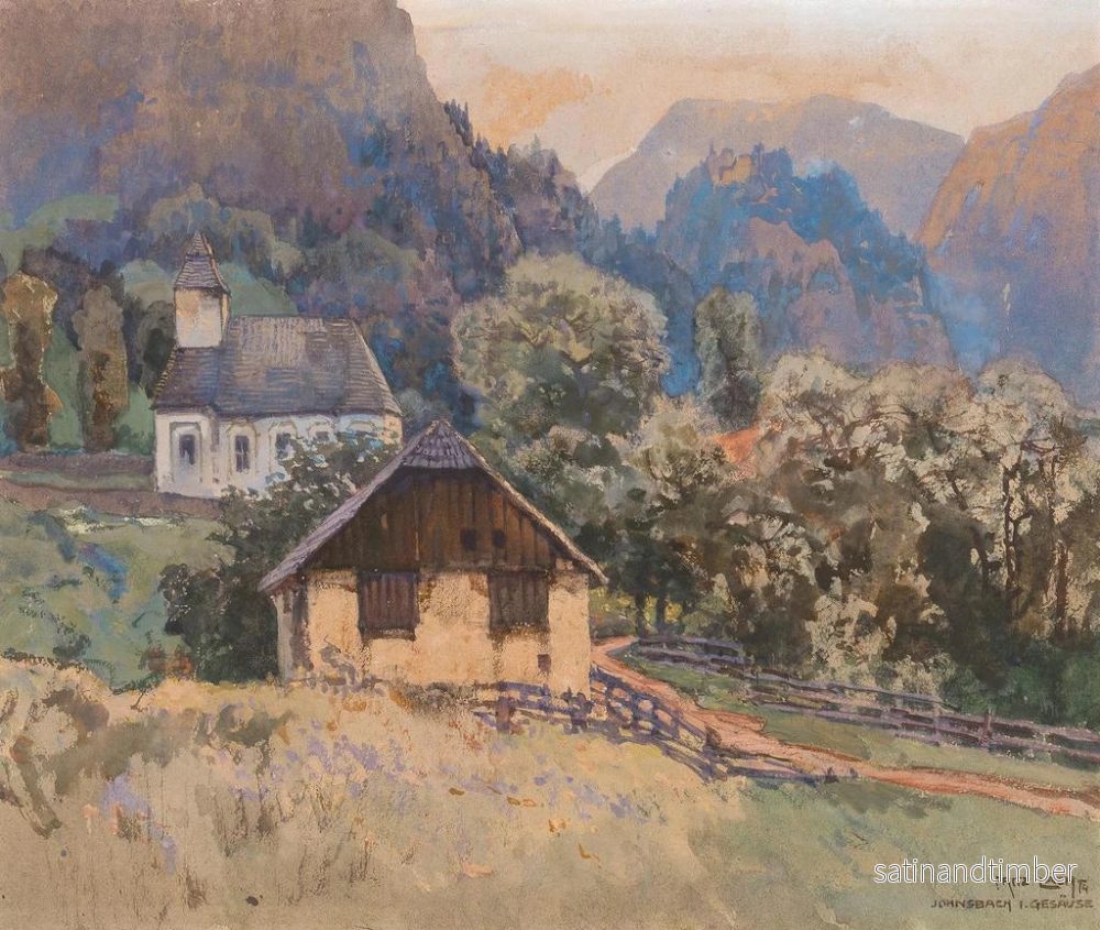 Reproduktion av målningen En liten kyrka och ett skydd i bergen i Gesuse i Johnsbach - Fritz Lach - Bild 2