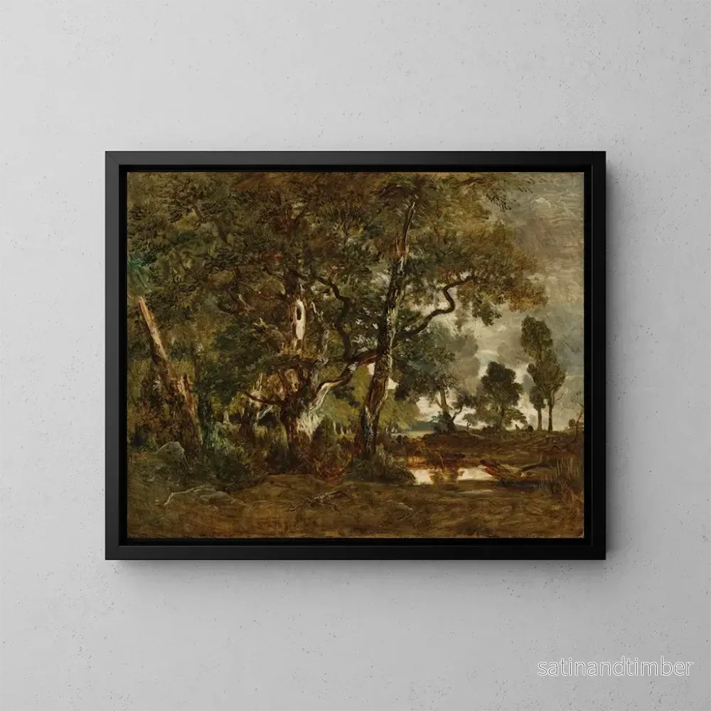 Reproduktion av målningen av Fontainebleau-skogen, grupp av stora träd som sträcker sig över Clairbois-slätten vid Ba - Théodore Rousseau