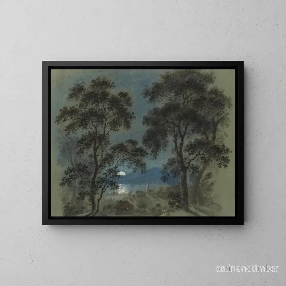 Reproduktion av målningen av Lever de lune sur le lac de Thoune - Franz Niklaus König