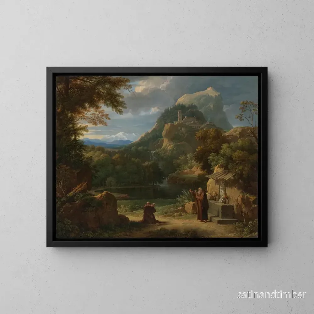 Reproduktion av målningen Saint Antoine de Padoue som visar två noviser för bröder i ett bergslandskap – François-Xavier Fabre Reproduktion av målningen Saint Antoine de Padoue som visar två noviser för bröder i ett bergslandskap – François-Xavier Fabre