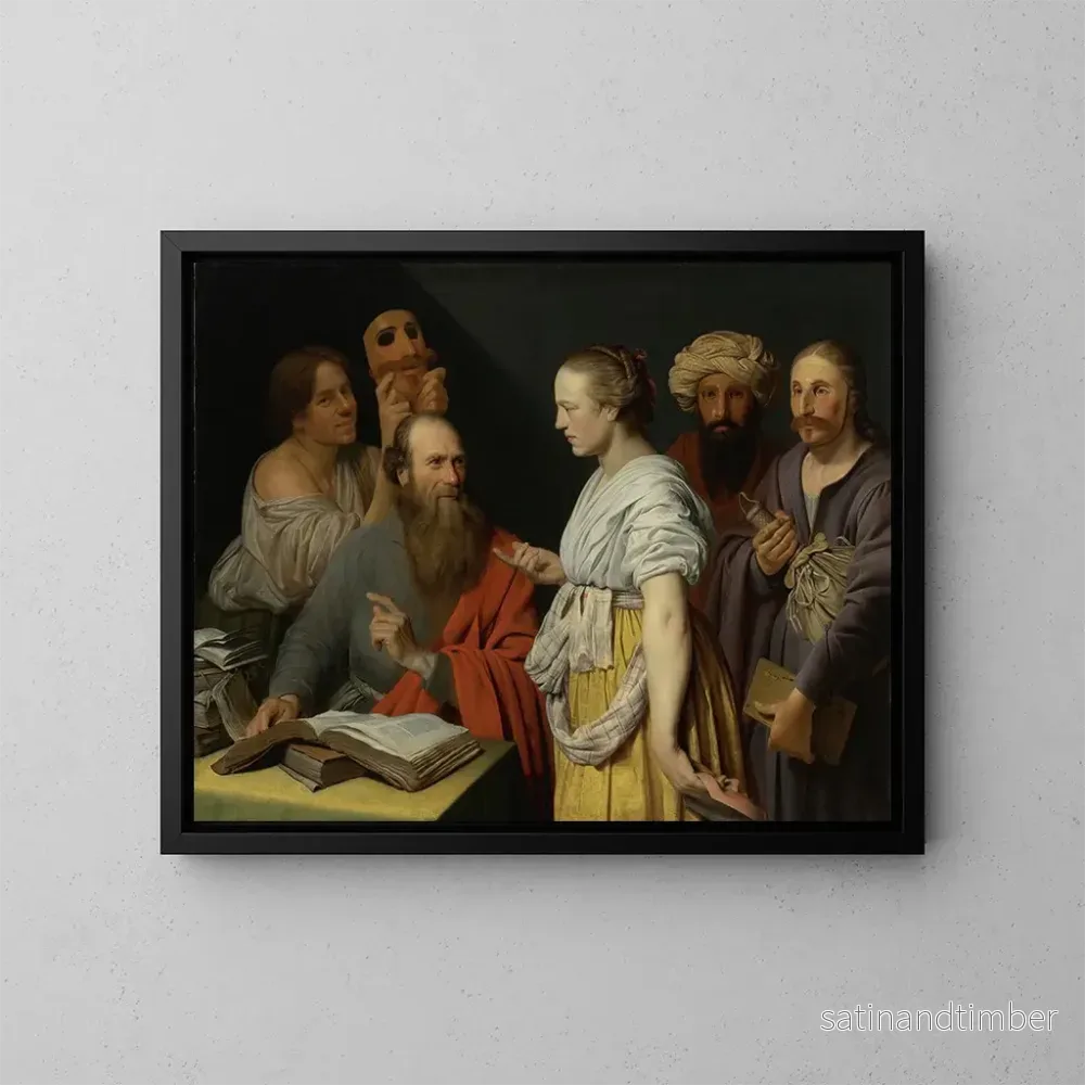 Reproduktion av målningen av en lärd i sitt studie med maskerade figurer, kanske en allegori - Willem van der Vliet