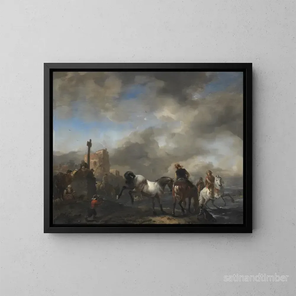 Reproduktion av målningen av en damm med hästar nära en gränssten - Philips Wouwerman