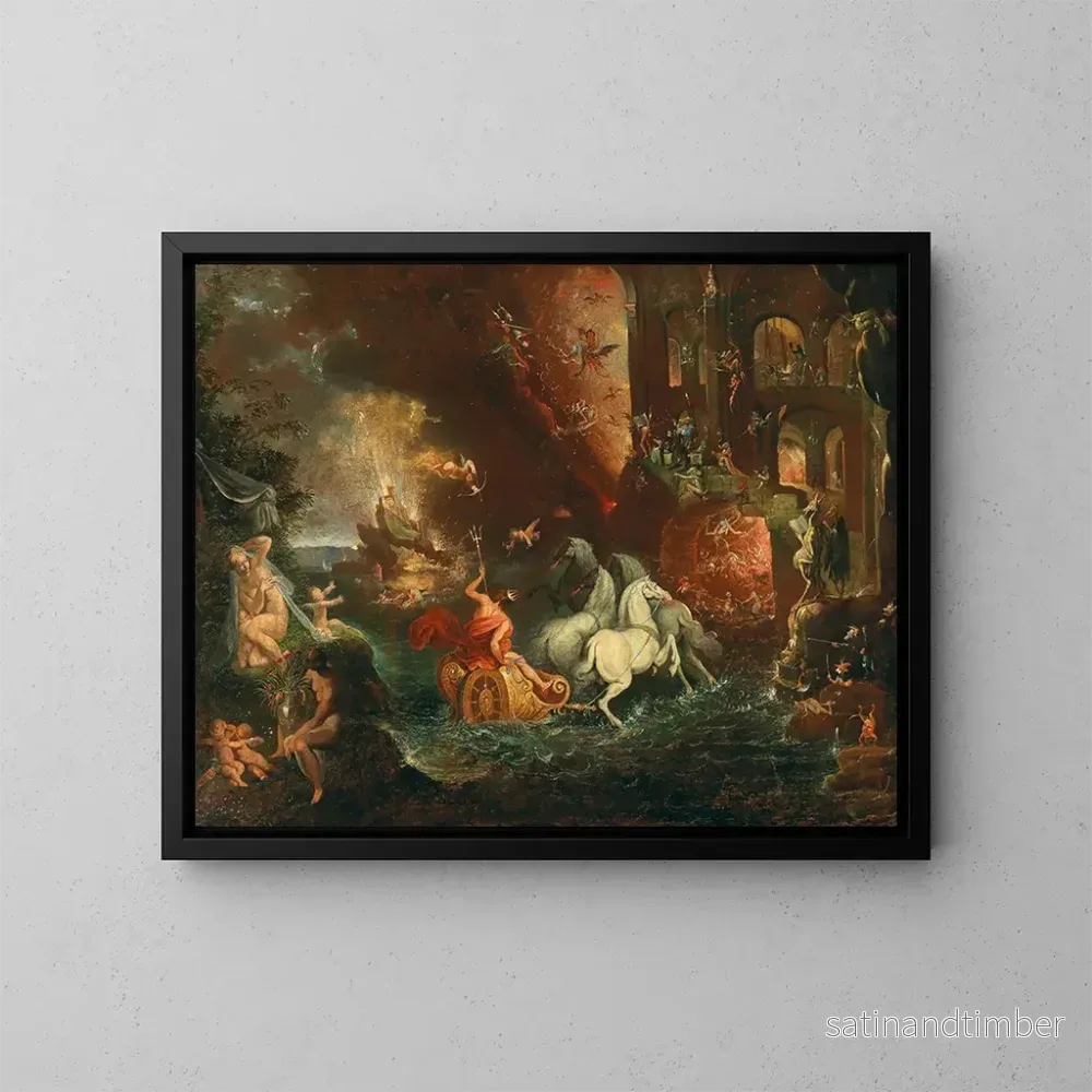 Reproduktion av målningen En fantastisk scen inklusive Venus med Cupidon och Neptun i hans vagn - Nederländska skolans