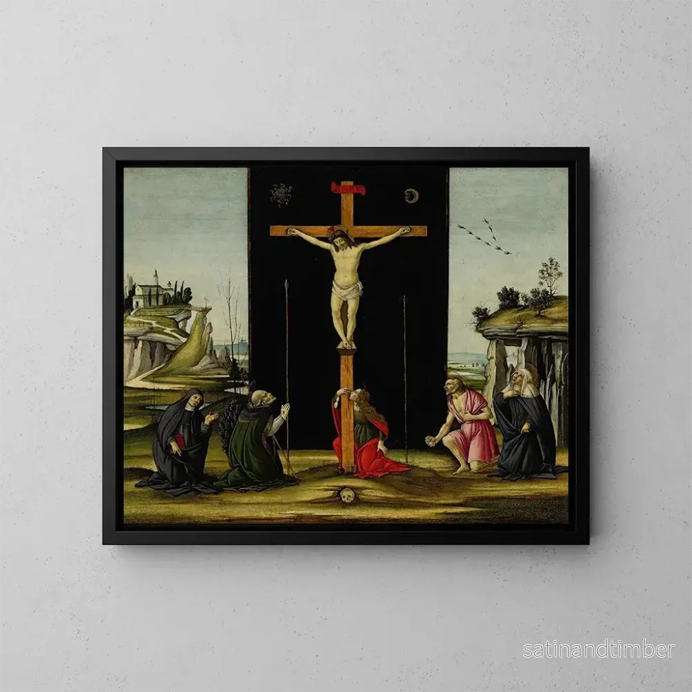 Reproduktion av målningen Kristus på korset dyrkas av helgonen Augustinus, Jerome, Maria Magdalena, Birgitta av Sverige och Monika - Sandro Botticelli