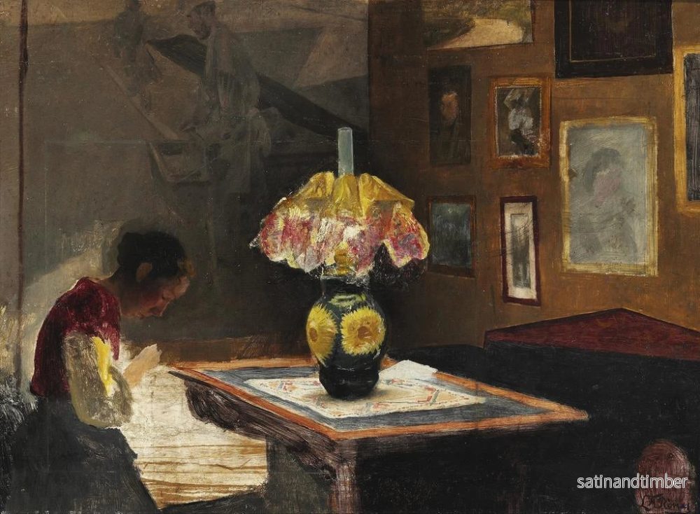 Reproduktion av målningen L'epouse de l'artiste Sigrid syende i ljuset av lampan Karrebksminde - Laurits Andersen Ring - Bild 2
