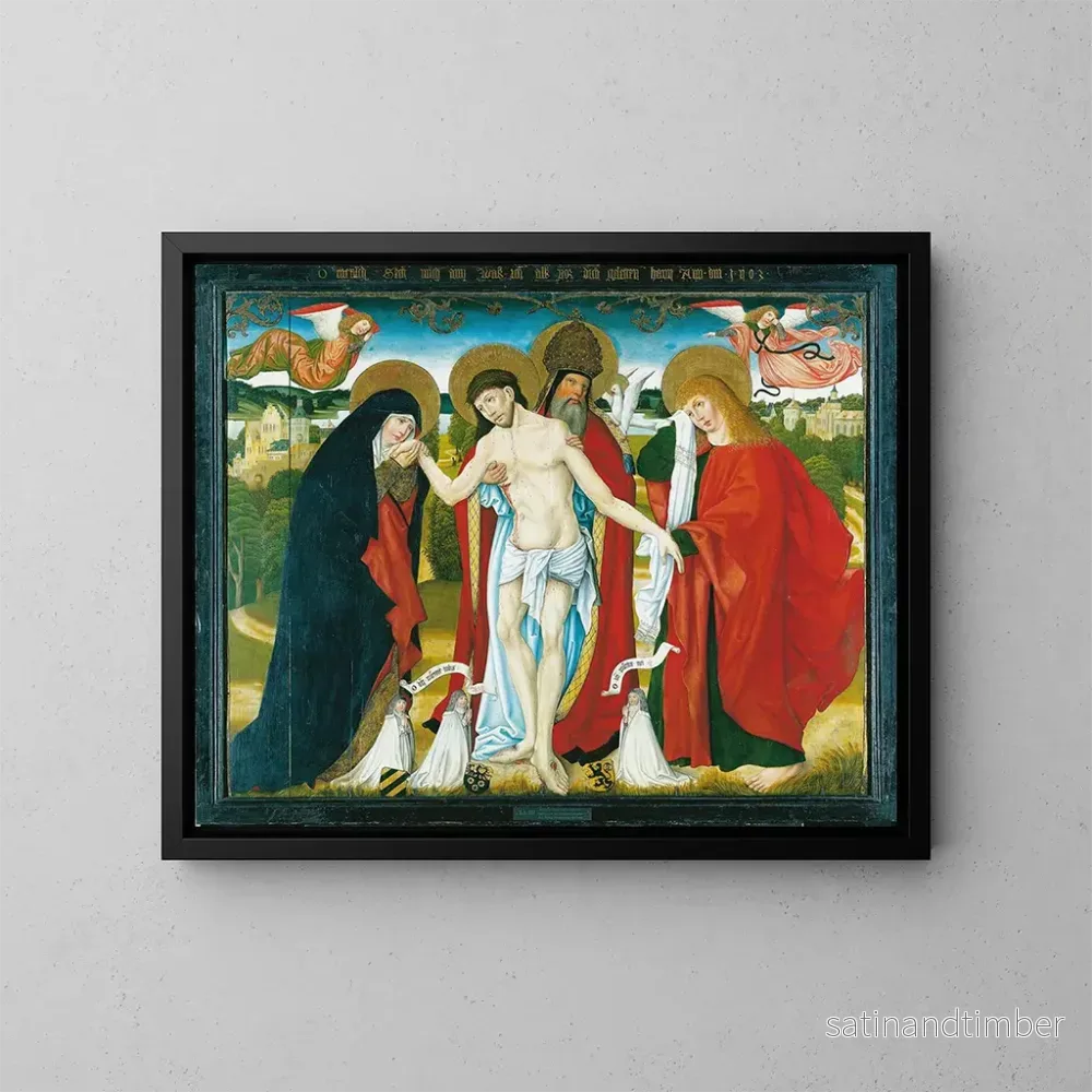 Reproduktion av målningen av Den heliga Treenigheten med Jungfru Maria och helige Johannes evangelisten – Mäster av Altaret Wendelin Reproduktion av målningen av Den heliga Treenigheten med Jungfru Maria och helige Johannes evangelisten – Mäster av Altaret Wendelin