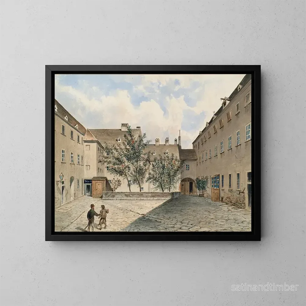 Reproduktion av målningen L äldre klostret för karmeliternunnor och den gamla polisbyggnaden vid Sterngasse i Wien – Emil Hütter Reproduktion av målningen L äldre klostret för karmeliternunnor och den gamla polisbyggnaden vid Sterngasse i Wien – Emil Hütter