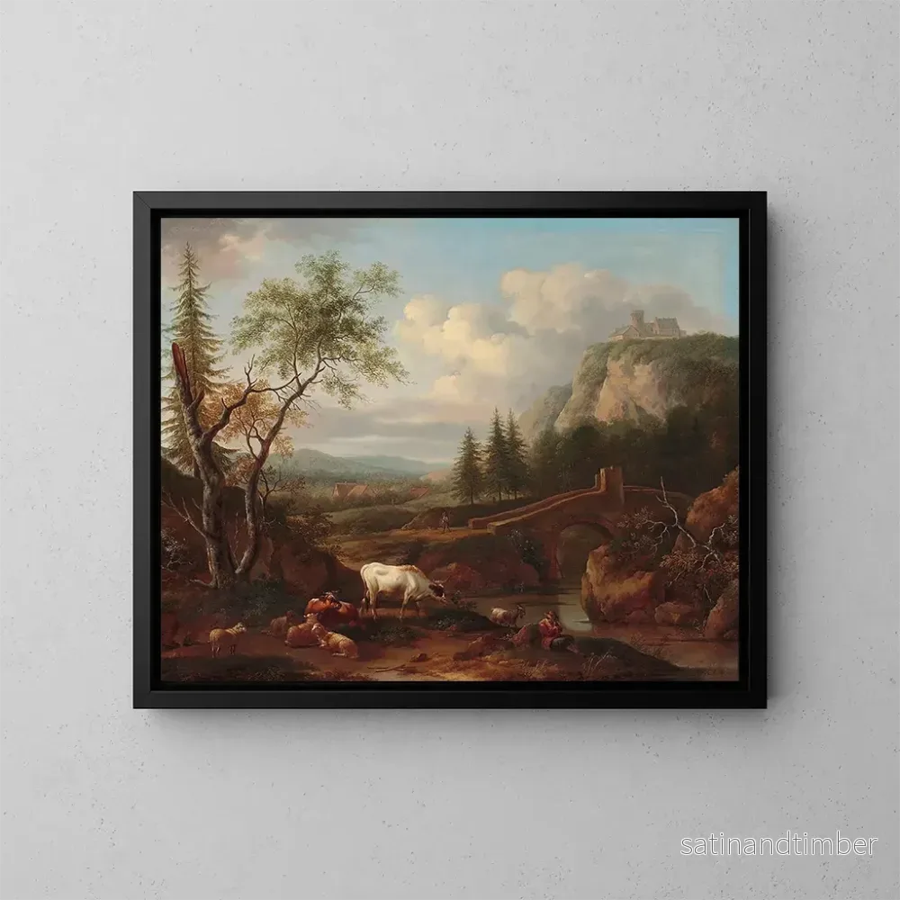 Reproduktion av målningen Landskapsbild av berg med en bro - Joseph Roos