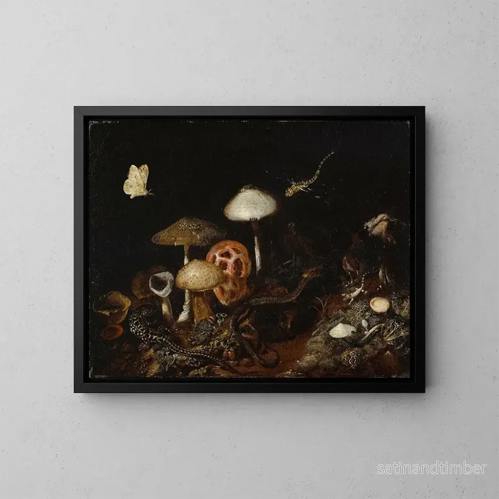 Reproduktion av målningen Reptiles, champignons et papillons - Otto Marseus van Schrieck