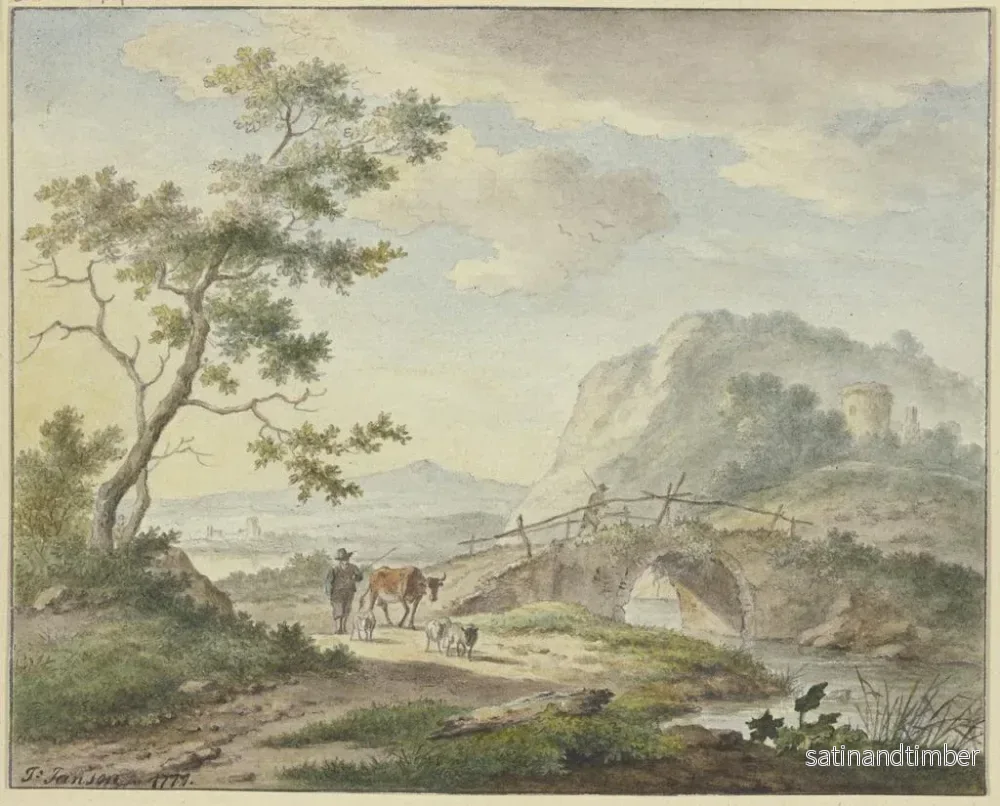Reproduktion av målningen En man korsar en stenbro, en bonde med en ko och får på vägen. - Johannes Christiaan Janson - Bild 2