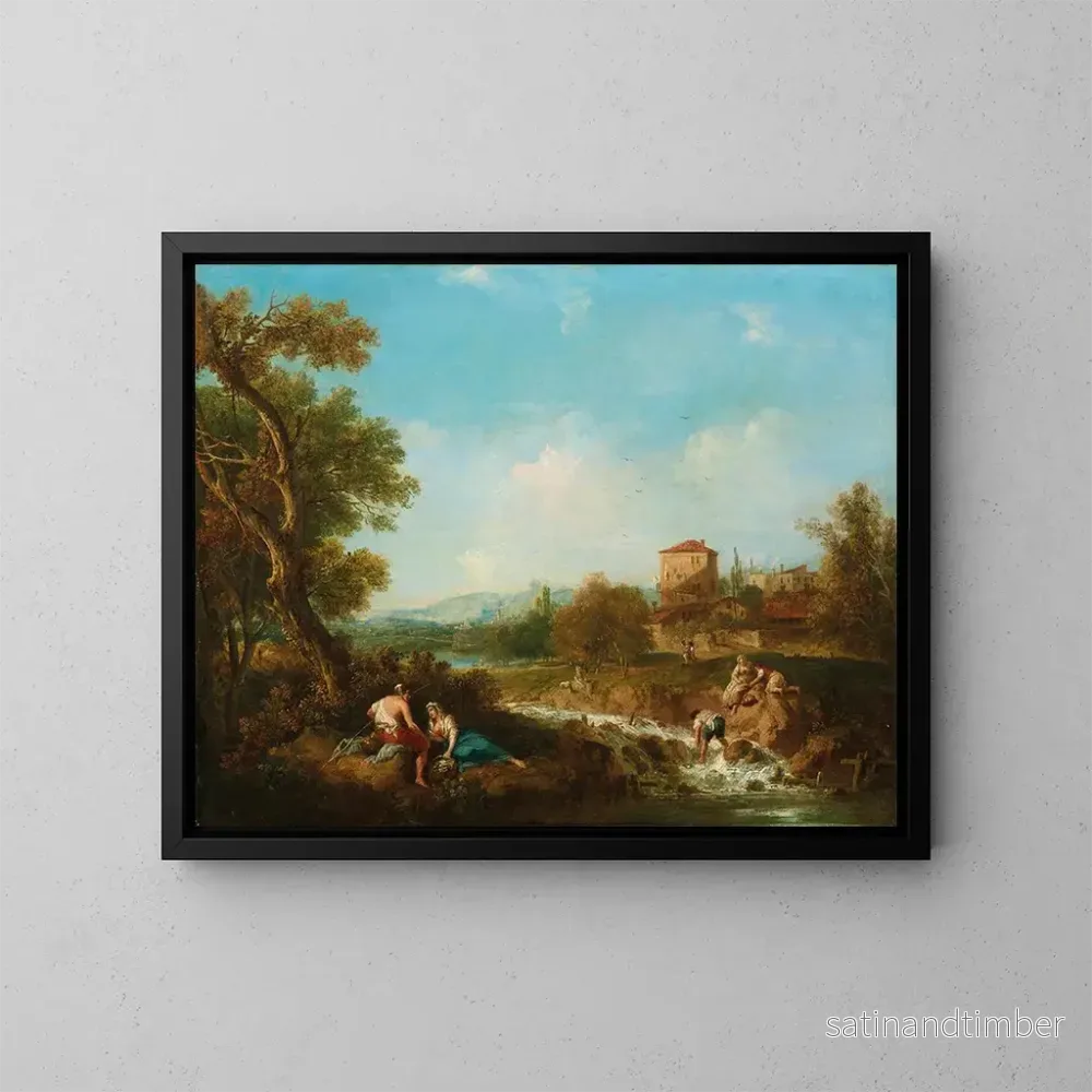 Reproduktion av målningen Ett arcadiskt landskap med figurer vid en bäck och en by i fjärran - Francesco Zuccarelli
