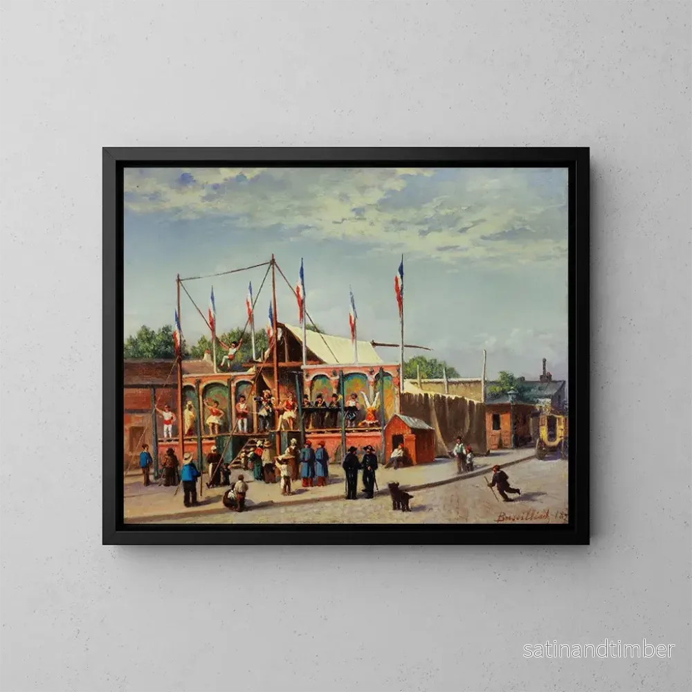 Reproduktion av målningen La baraque du lutteur Dubois boulevard de la Villette - C. Bussillet