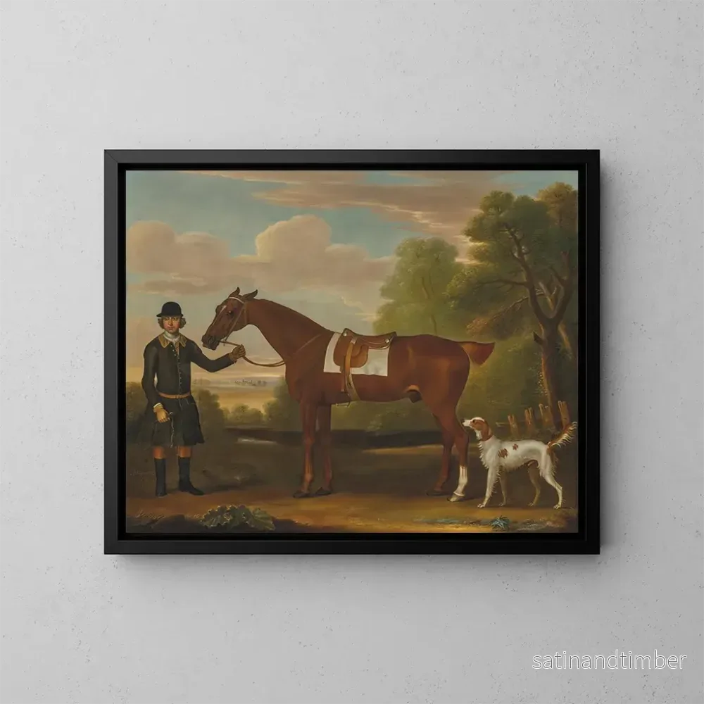 Reproduktion av målningen Lord Portmore och en kastanjebrun jakthäst med sadel, hålls av en stallmästare med en spaniel i ett landskap – James Seymour Reproduktion av målningen Lord Portmore och en kastanjebrun jakthäst med sadel, hålls av en stallmästare med en spaniel i ett landskap – James Seymour