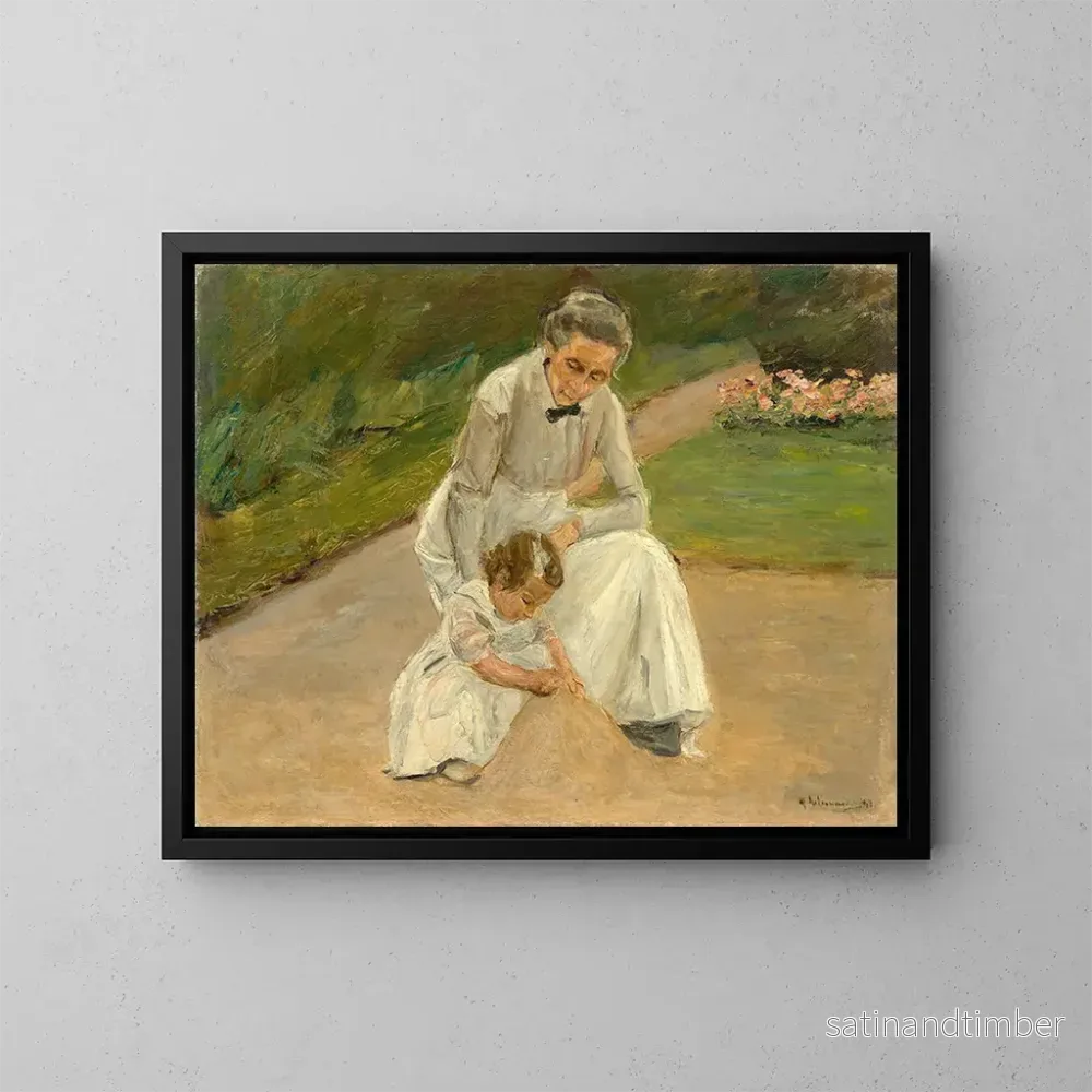 Reproduktion av målningen av barnbarn och barnflicka som leker i trädgården - Max Liebermann