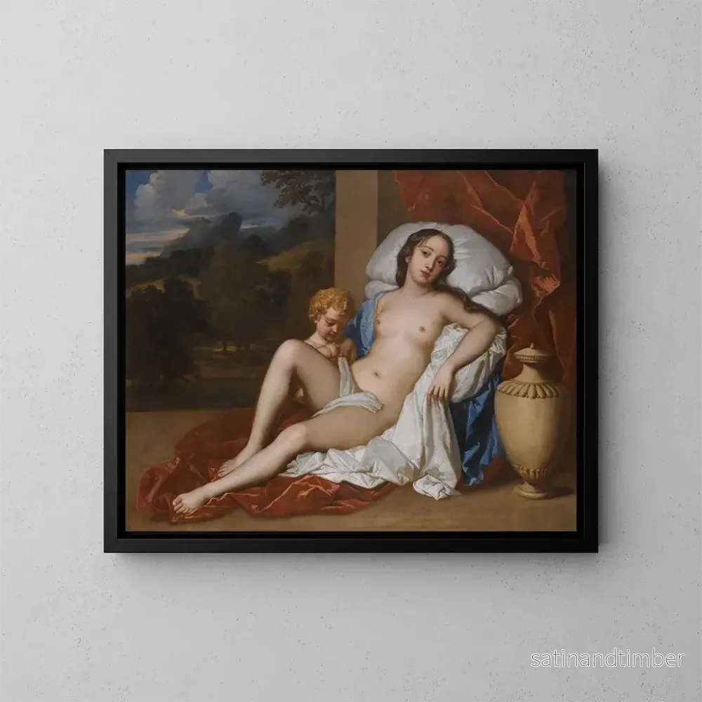 Reproduktion av målningen porträtt av en ung kvinna och ett barn i Venus och Cupido, nästan säkert Nell Gwyn - Sir Peter Lely