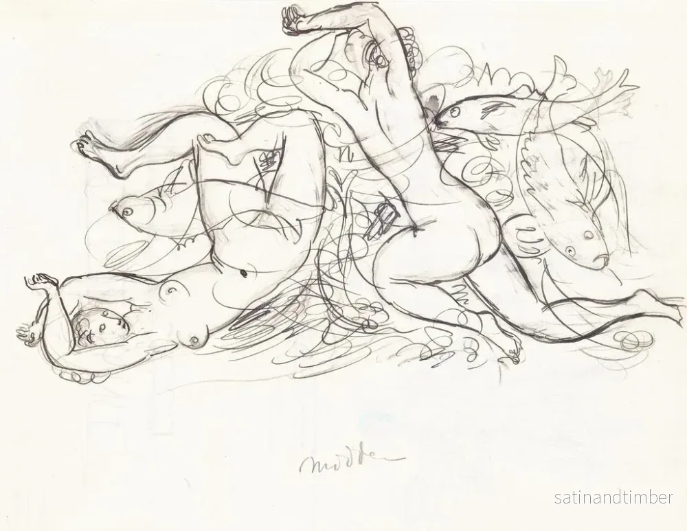 Reproduktion av målningen Skissblad med nakna kvinnor som simmar och fiskar - Leo Gestel - Bild 2