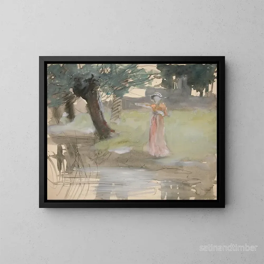Reproduktion av målningen av en stående kvinna vid en flod - Edwin Austin Abbey