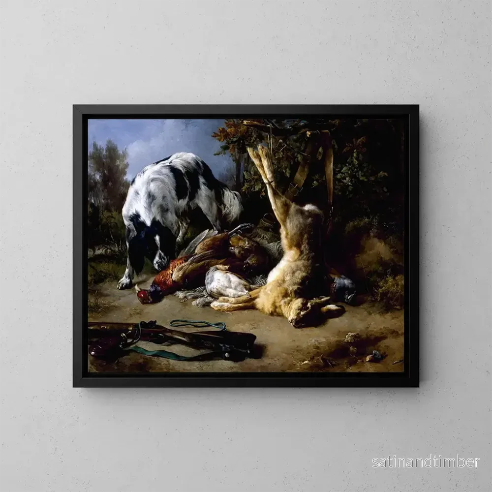 Reproduktion av målningen av spaniel med en stilleben av död jaktbyten - Jacques-Raymond Brascassat