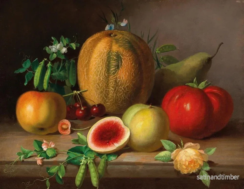 Reproduktion av målningen av köksstilleben med melon, tomat, äpplen, päron och ärtskott i blom - Johann Georg Seitz - Bild 2