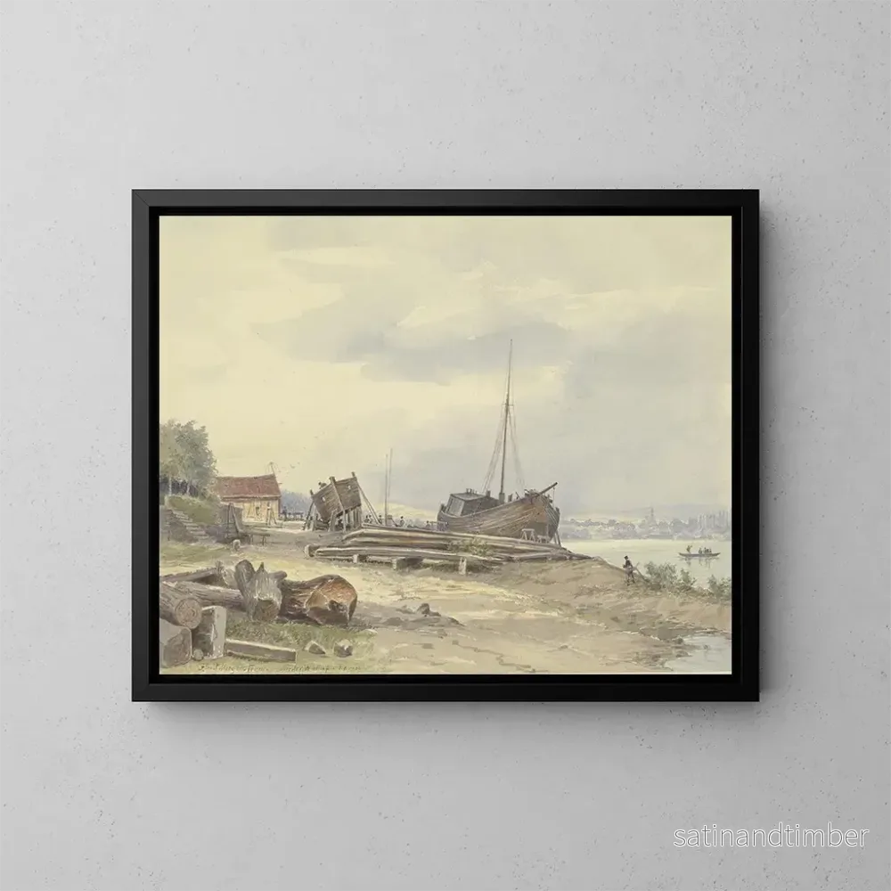 Reproduktion av målningen av varv vid Rhen på stranden nära Niederwalluf - Friedrich Ernst Morgenstern