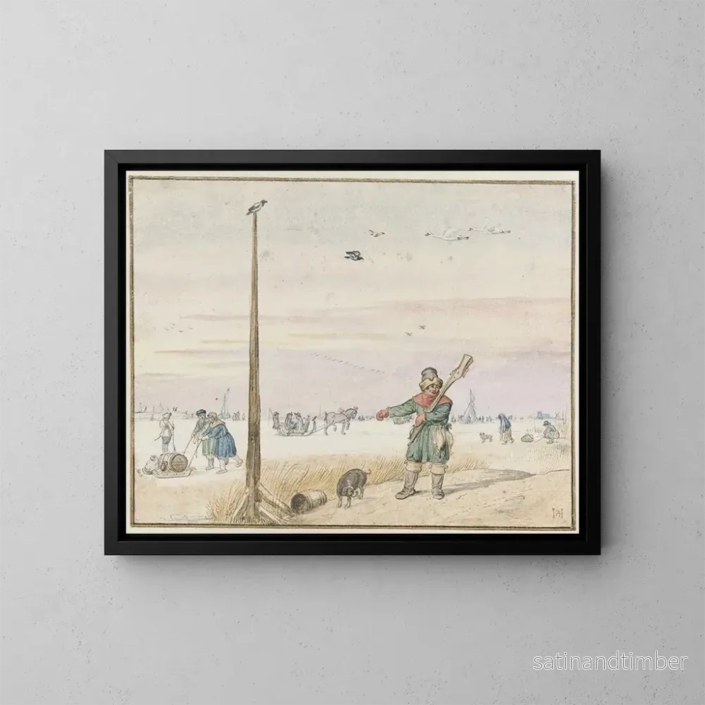 Reproduktion av målningen av vinterlandskap med en andjägare, viltet i bältet och hans gevär på axeln, vid kanten av en frusen flod - Hendrick Avercamp