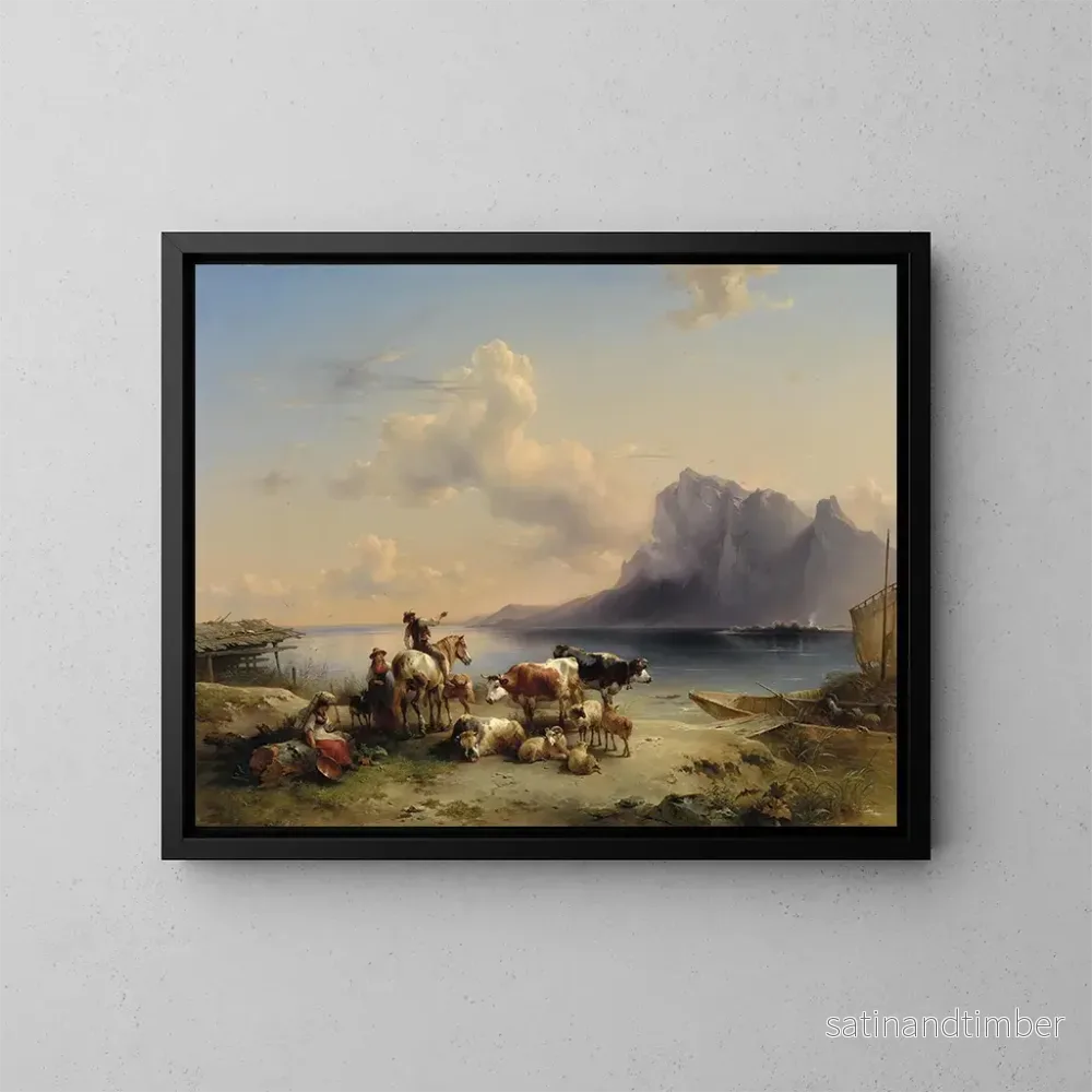 Reproduktion av målningen av bergs och boskap vid stranden av Attersee - Friedrich August Matthias Gauermann