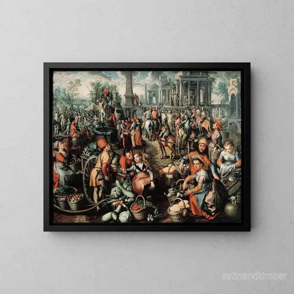 Reproduktion av målningen Scen av marknad, Ecce Homo, flagellationen och bärandet av korset - Joachim Beuckelaer