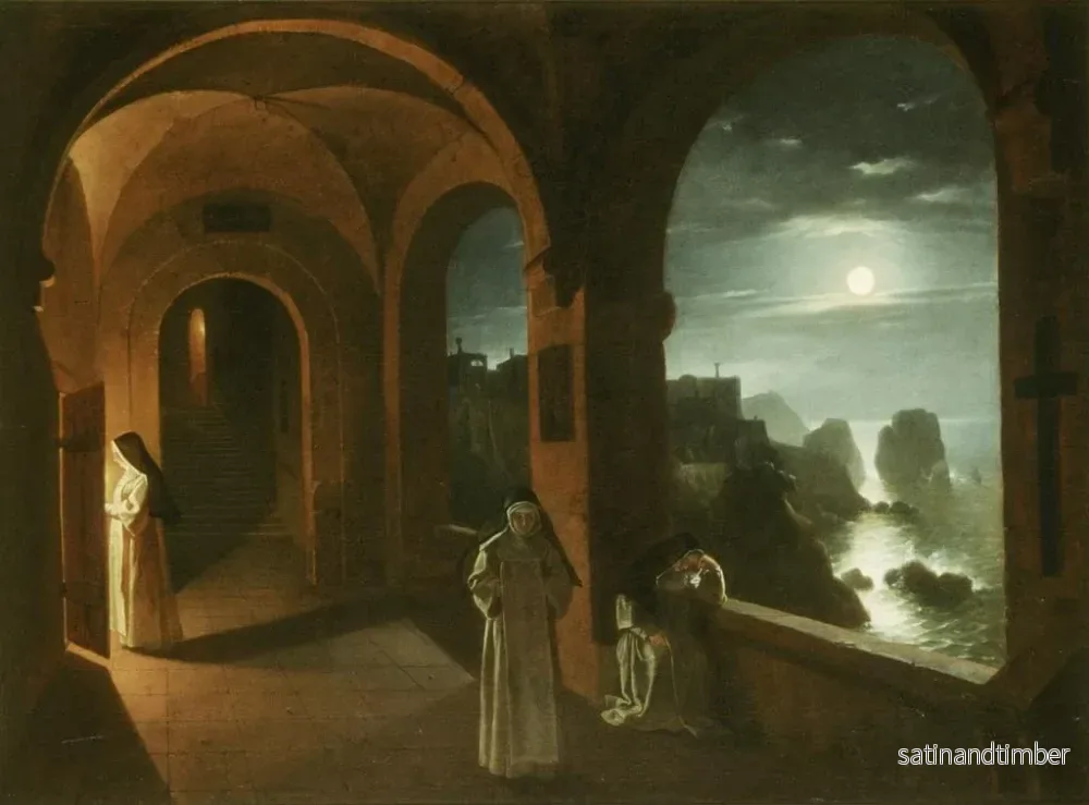 Reproduktion av målningen Nonnes i klostret i Certosa som blickar ut över ett hav upplyst av månen mot Faraglioni de Capri - Franz Ludwig Catel - Bild 2