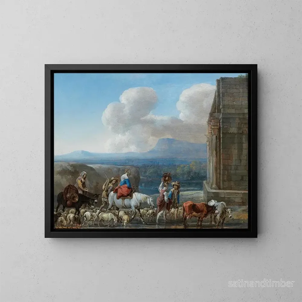 Reproduktion av målningen av herdar och resenärer nära en triumfbåge i den romerska landsbygden – Jan van den Hecke Reproduktion av målningen av herdar och resenärer nära en triumfbåge i den romerska landsbygden – Jan van den Hecke