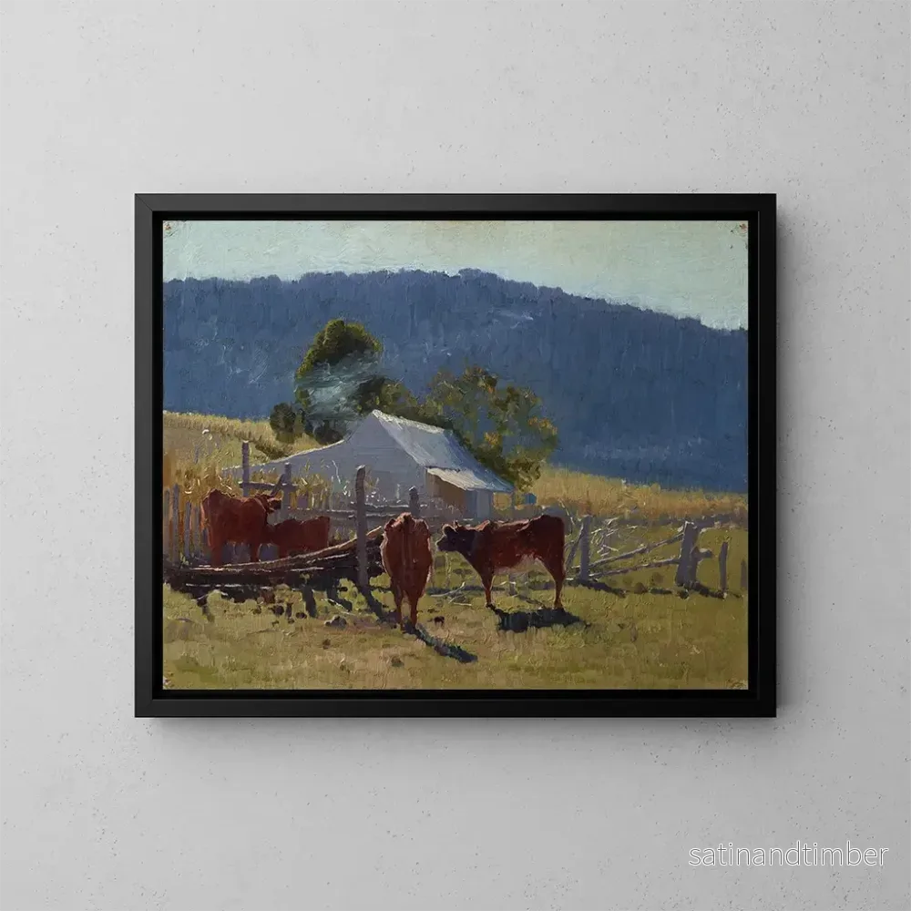 Reproduktion av målningen Längd: 60 cm x 90 cm, olja på duk, 1888. Konsttryck av L'heure de la traite dans la vallée d'Araluen - Elioth Gruner