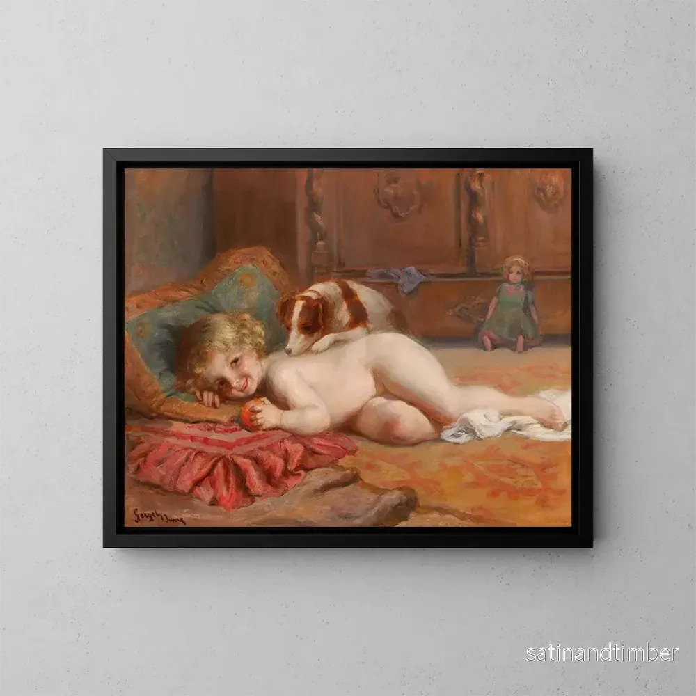 Reproduktion av målningen Barn med en hund och en docka - Imre Gergely