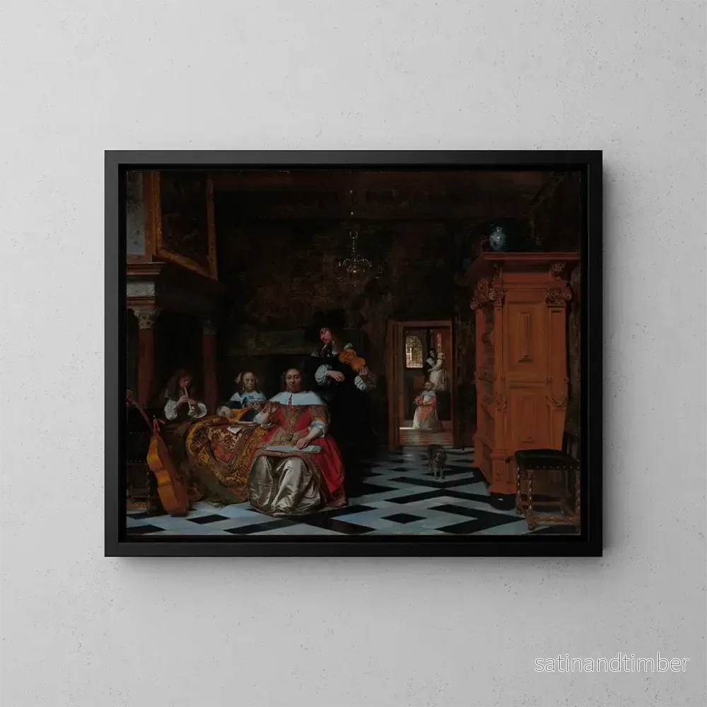 Reproduktion av målningen Porträtt av en familj som spelar musik - Pieter de Hooch