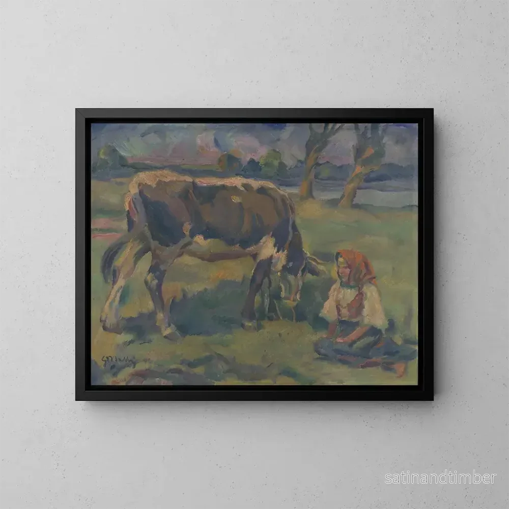Reproduktion av målningen En liten flicka med en ko - Gustav Mahler