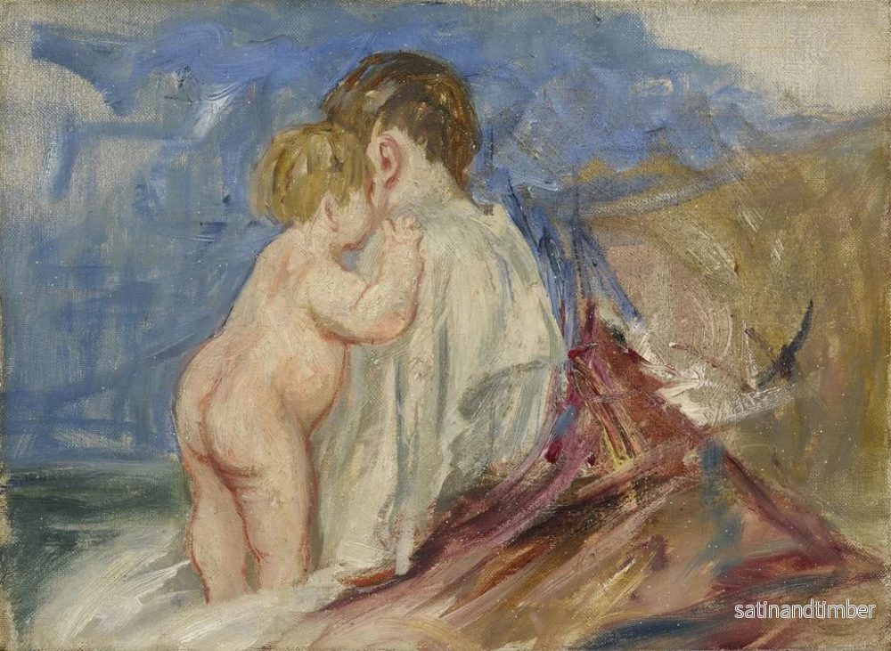 Reproduktion av målningen av sittande mor med ett stående barn vid sin sida i ett landskap - Mary Cassatt - Bild 2
