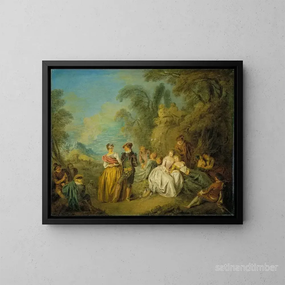 Reproduktion av målningen Fête galante med ett dansande par i Jean-Baptiste Pater