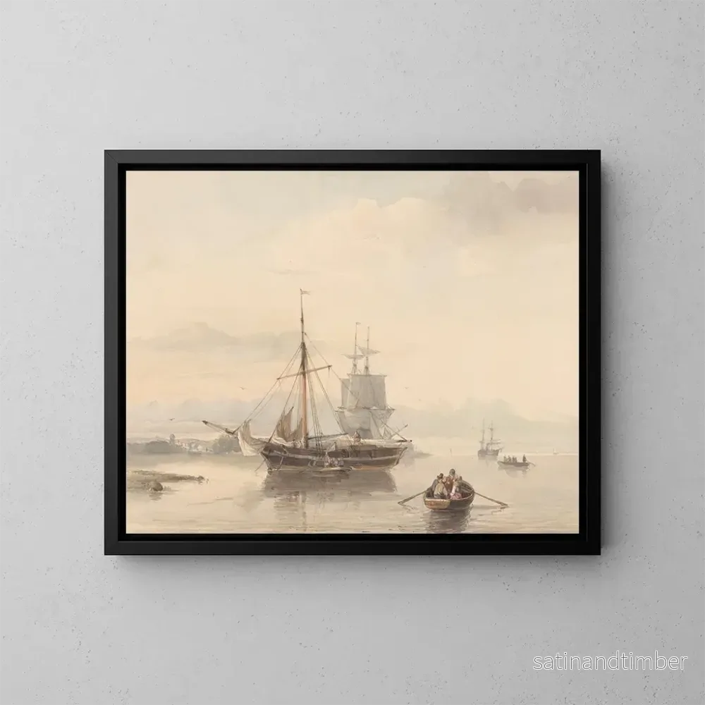 Reproduktion av målningen landskapsflod med kanoter och segelbåtar - Johan Adolph Rust