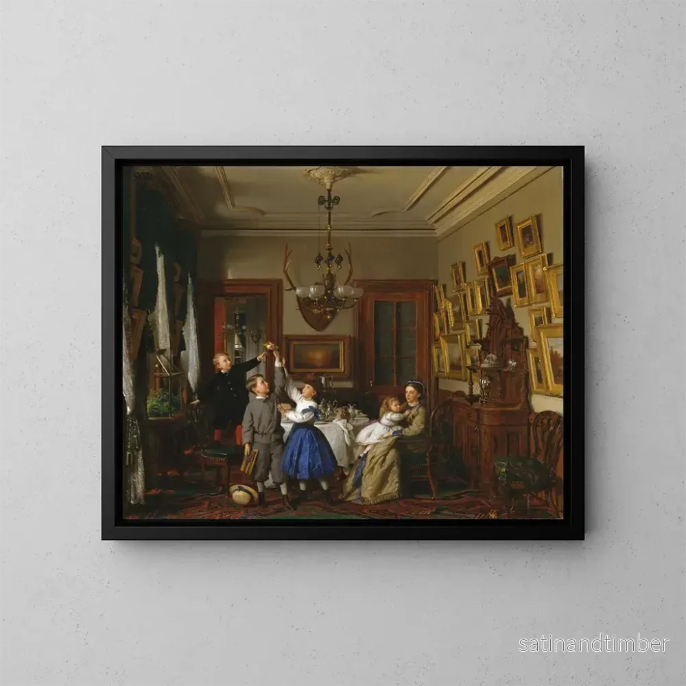 Reproduktion av målningen Le concours pour le bouquet. La famille de Robert Gordon dans leur salle à manger de New York. – Seymour Joseph Guy