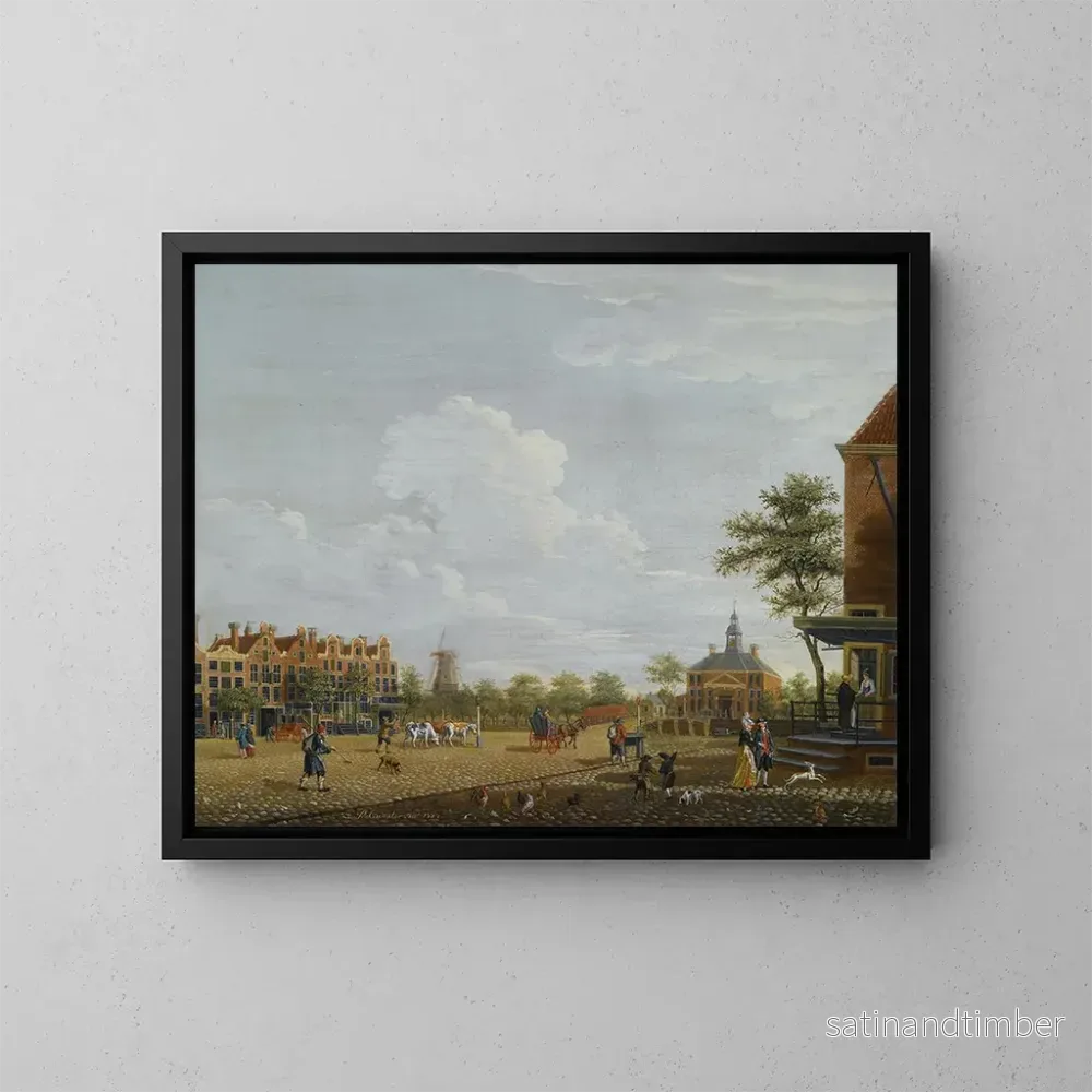Reproduktion av målningen Amsterdam, vy över Weesperplein med Weesperpoort och majskvarn Het Fortuyn på Weesp-fästningen i bakgrunden - Isaac Ouwater