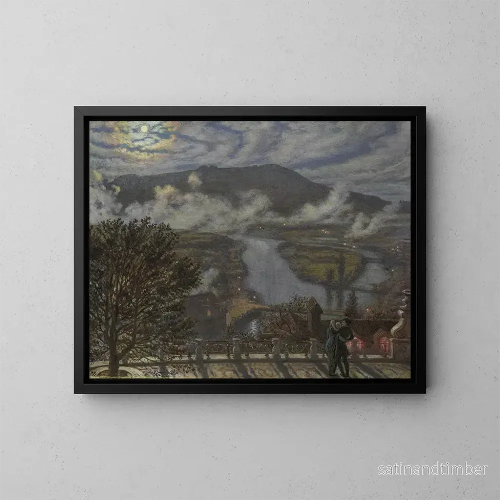 Reproduktion av målningen Vy från en terrass över ett flodlandskap på natten - William Holman Hunt