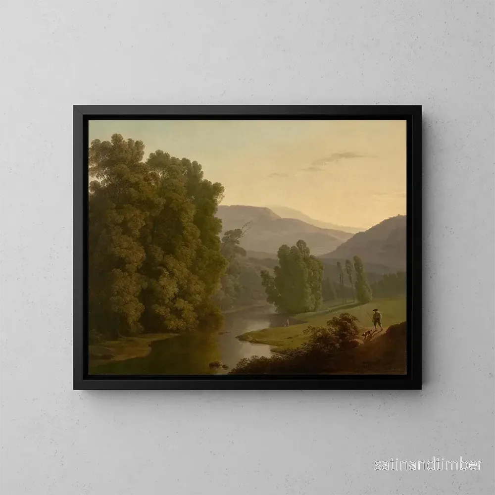 Reproduktion av målningen av ett landskap med figurer vid en flod och berg i fjärran - Hendrik Voogd