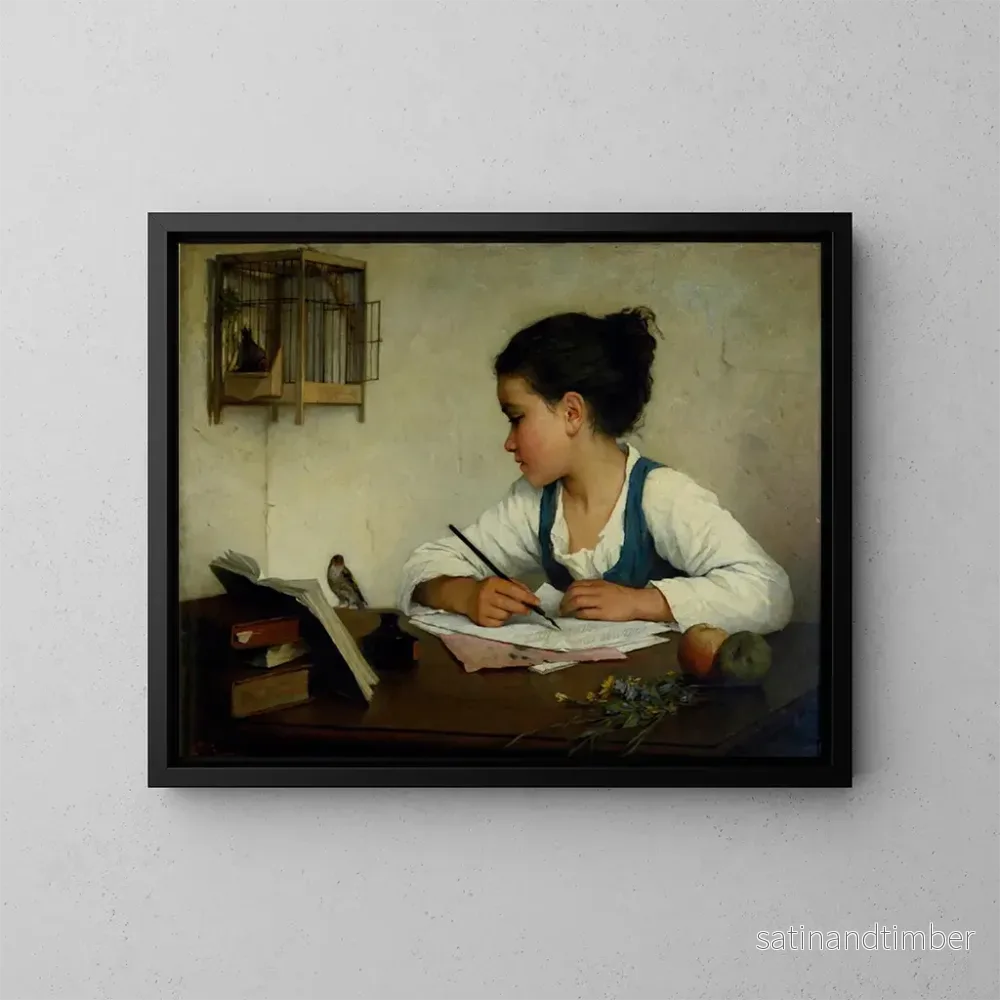 Reproduktion av målningen av en flicka som skriver på den gyldne fink - Henriette Browne