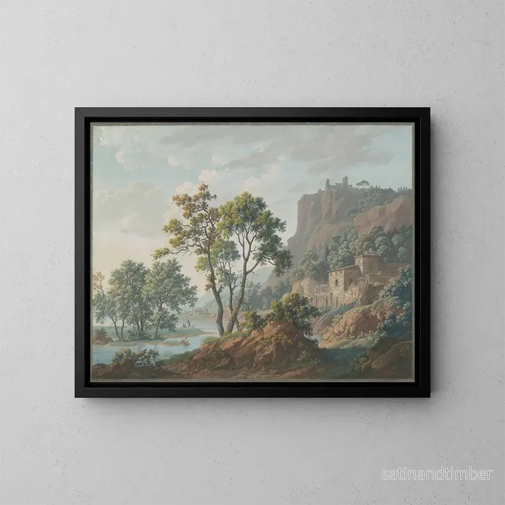 Reproduktion av målningen av flodlandskap med slott och fiskare - Baron Louis Albert Guillain Bacler d'Albe