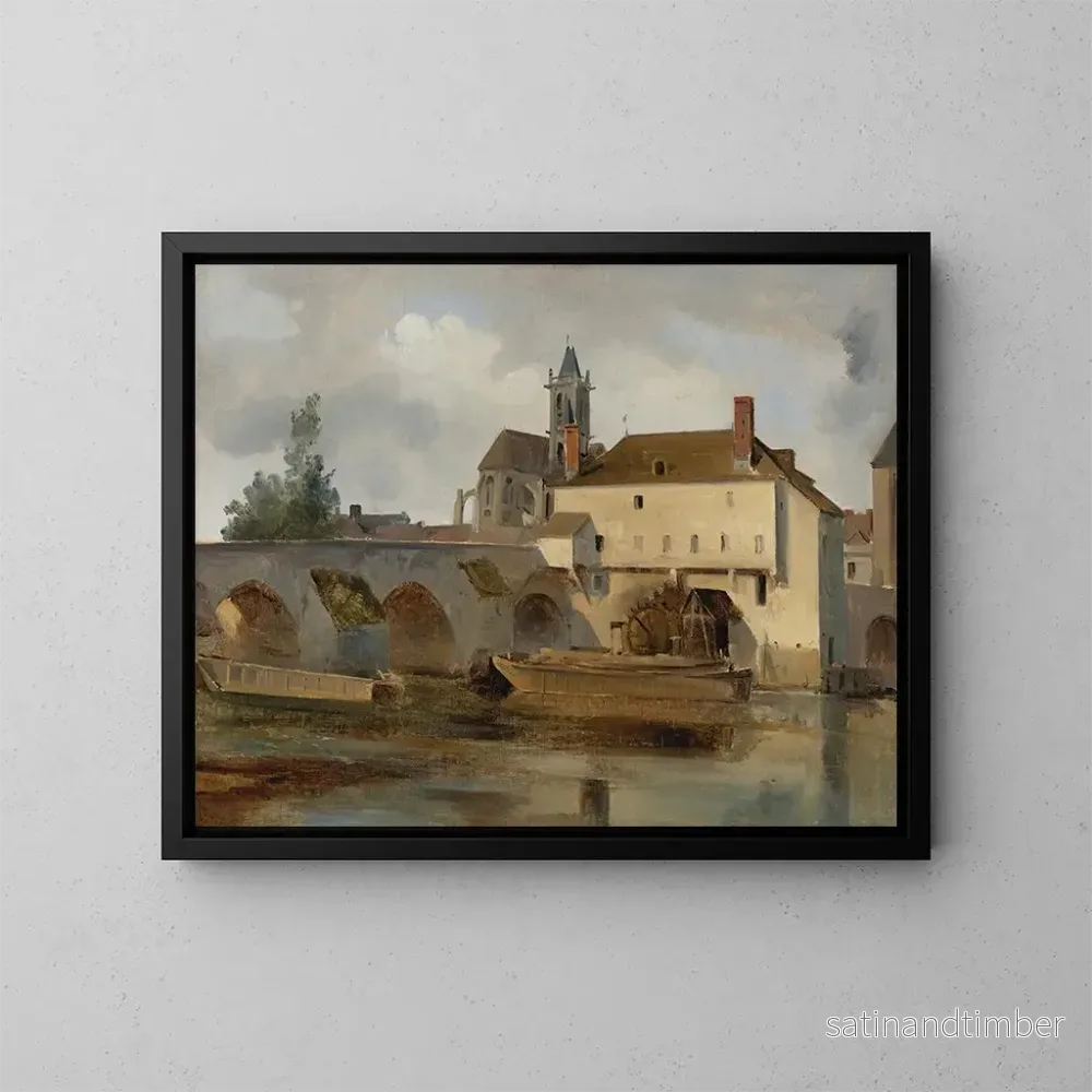 Reproduktion av målningen Moret-sur-Loing, bron och kyrka - Jean-Baptiste-Camille Corot