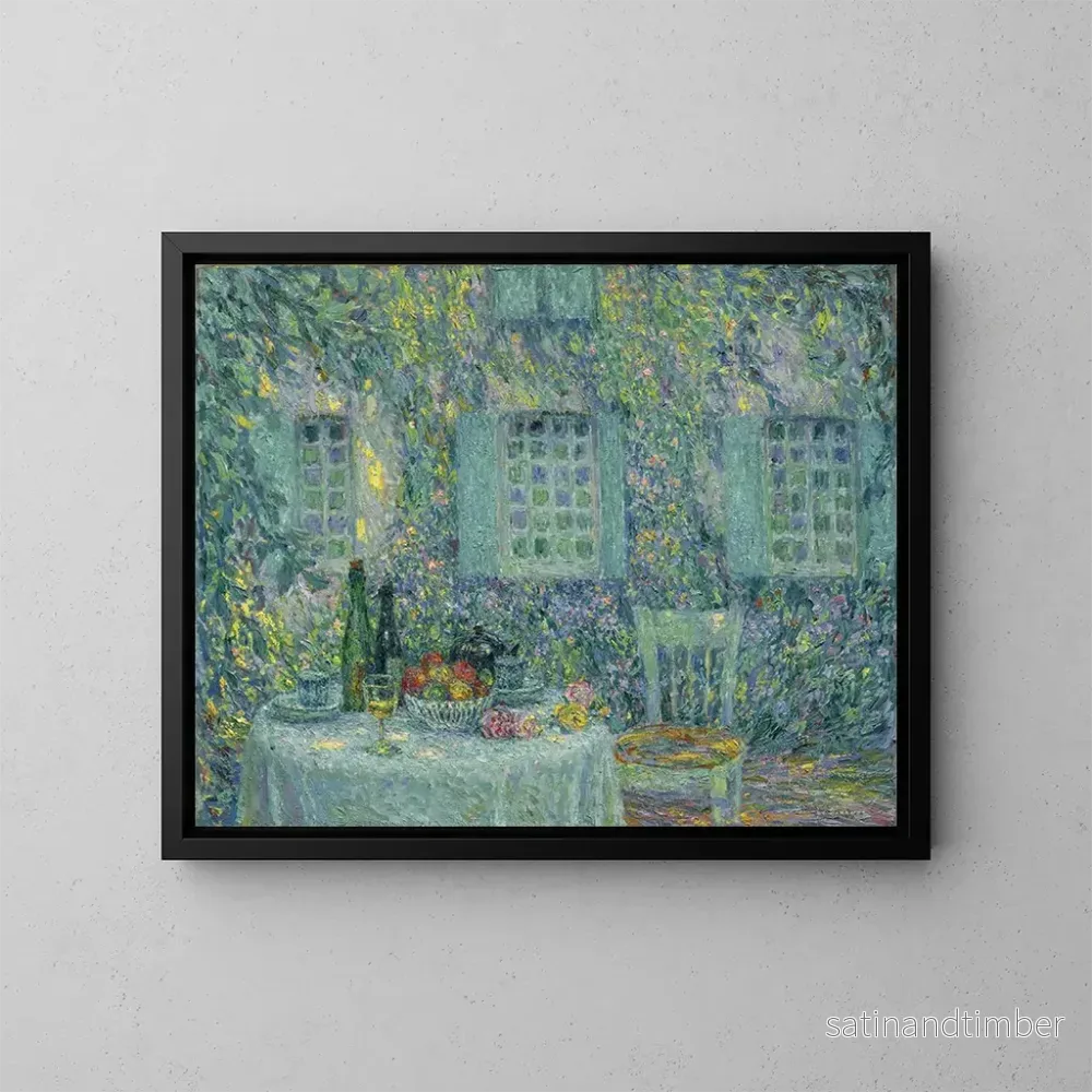 Reproduktion av målningen La Table au soleil dans les feuilles de Gerberoy - Henri Le Sidaner