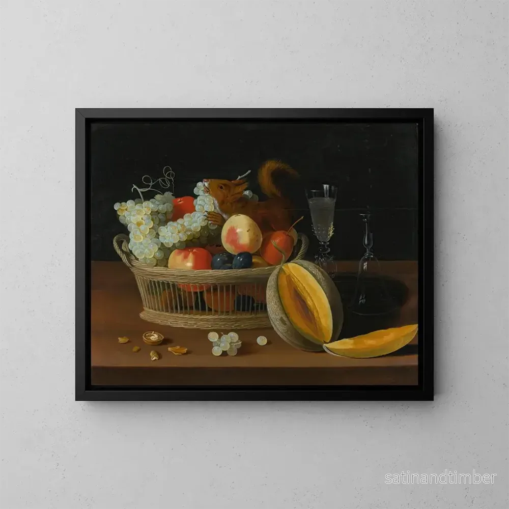 Reproduktion av målningen av still life med en fruktkorg, glasögon och en skuren melon på ett bord - Jacob Foppens van Es