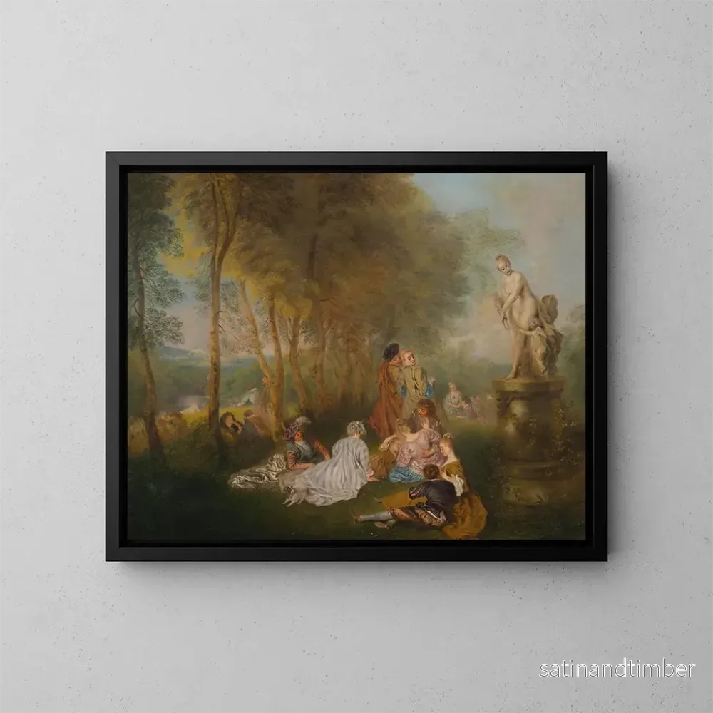 Reproduktion av målningen Fête galante med en Venus-statyn - Antoine Watteau-skolan